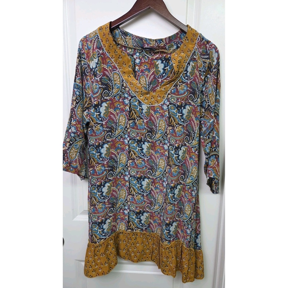 Tolani 100% Silk Dress Boho Artsy Festival Paisley Block Print Ruffle Sz M